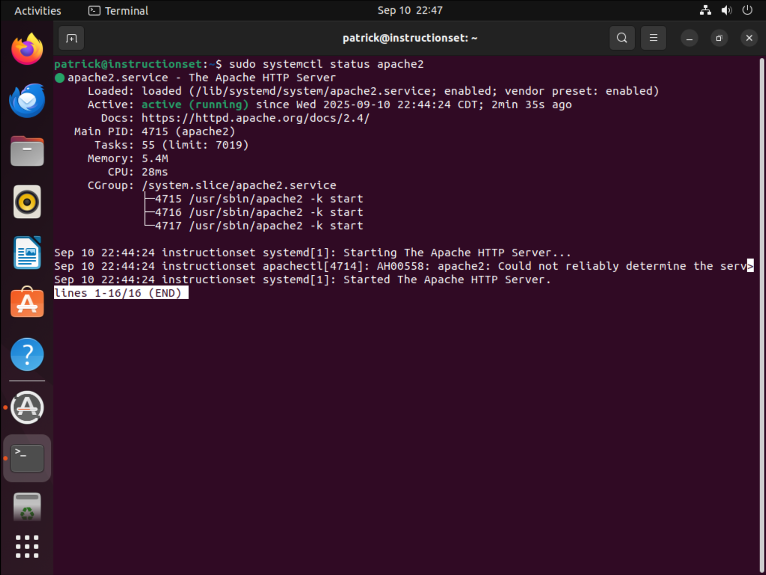 Terminal showing Apache status as active and running with detailed service information