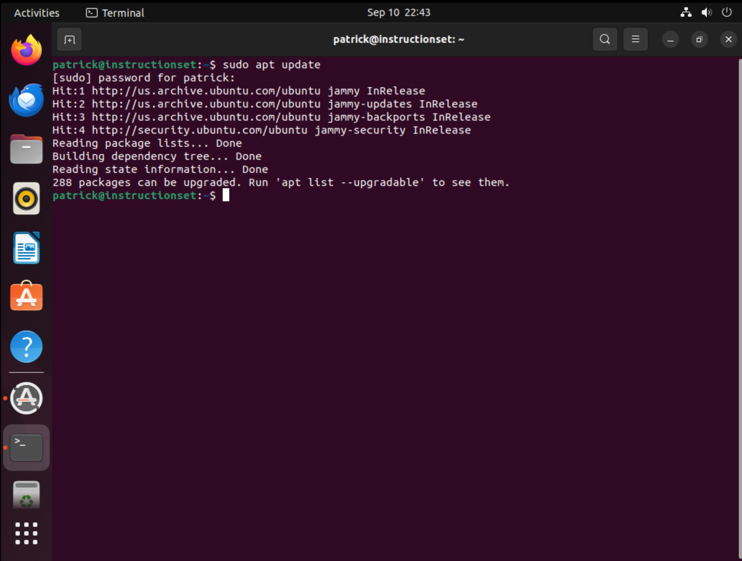 Terminal showing apt update command execution with package list downloads