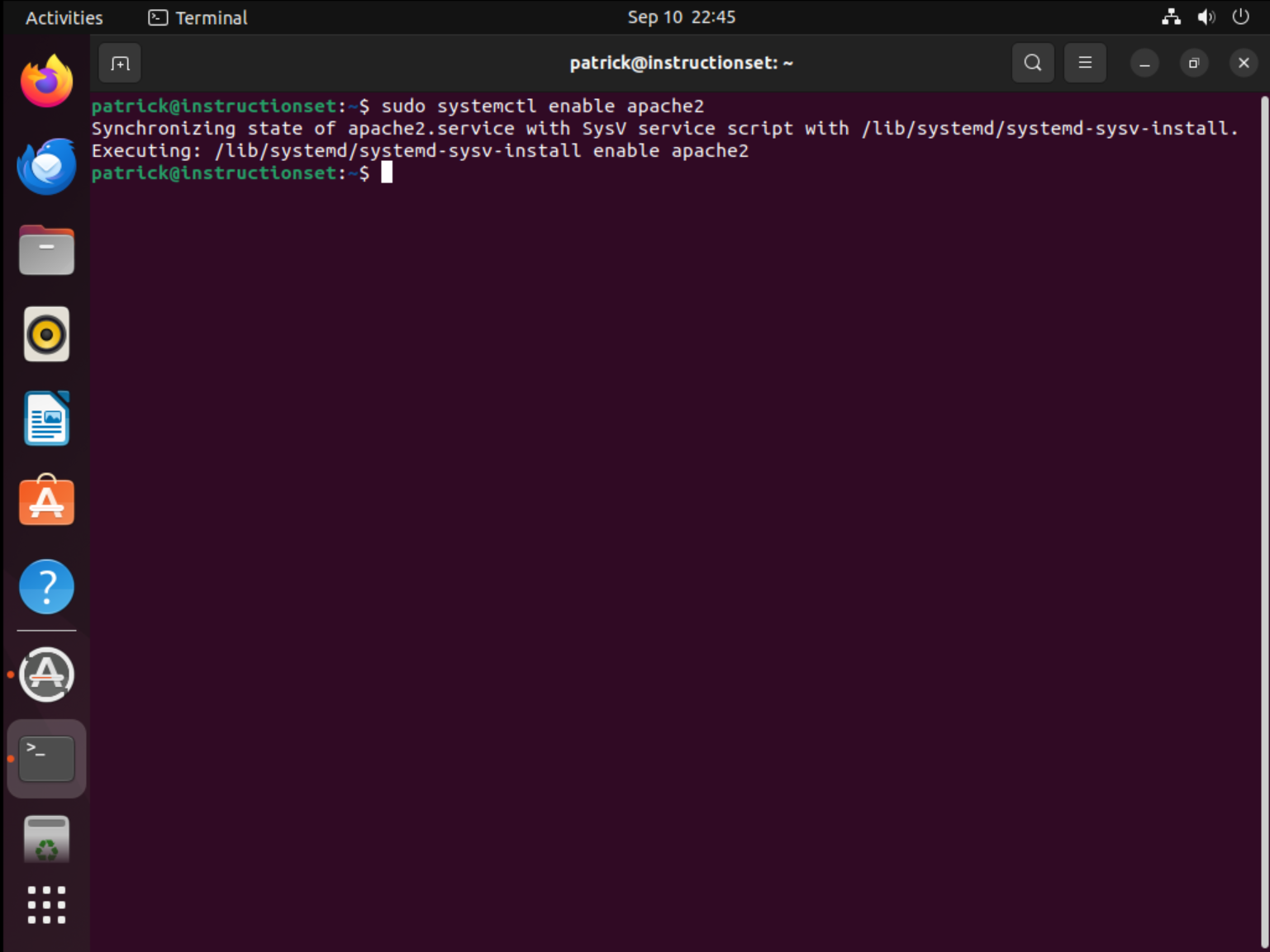 Terminal showing Apache enable command being executed