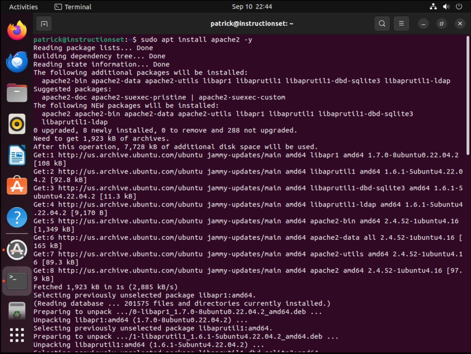 Terminal showing Apache installation command being executed