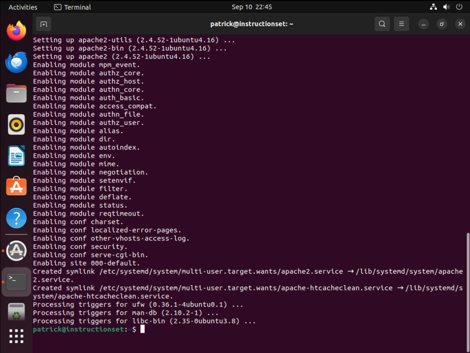 Terminal showing Apache installation progress and completion